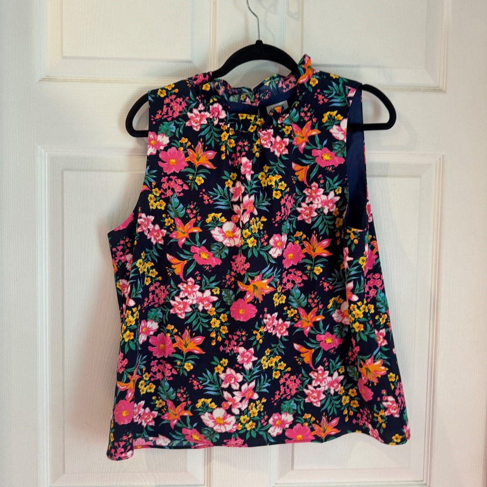 J.Crew Floral Ruffle Neck Blouse Women Large Navy Blue Sleeveless Shell Top 5411
